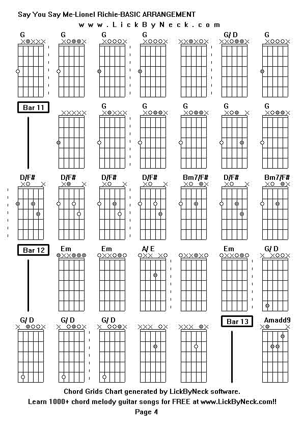 Chord Grids Chart of chord melody fingerstyle guitar song-Say You Say Me-Lionel Richie-BASIC ARRANGEMENT,generated by LickByNeck software.